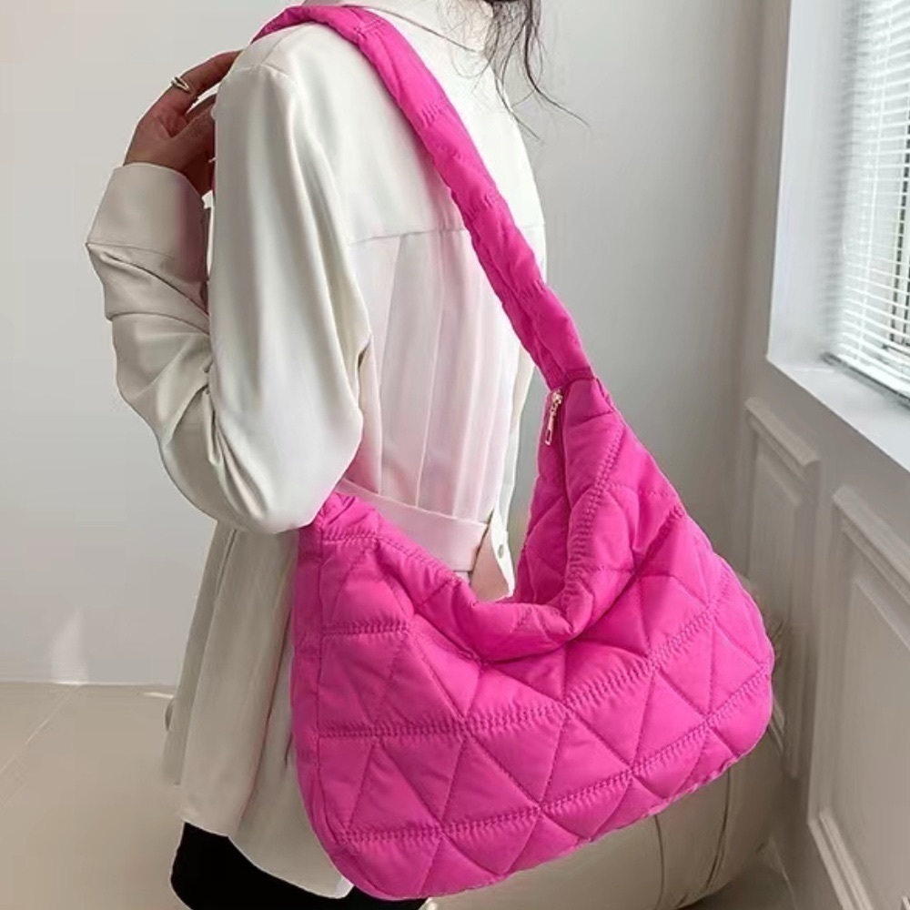 Pink Quilted Puffer Shoulder Bag Lightweight Hobo Bag Handbag New - Picture 3 of 7